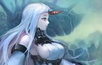  bare_shoulders breasts detached_sleeves horn kantai_collection large_breasts long_hair pale_skin red_eyes seaport_hime shinkaisei-kan sideboob solo te white_hair 