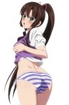  ass blush brown_hair dimples_of_venus from_behind green_eyes high_ponytail highres kirasaka_sayaka long_hair looking_back mokke_(mokke99) no_pants open_mouth panties ponytail shirt_lift side-tie_panties simple_background solo strike_the_blood striped striped_panties underwear white_background 