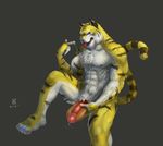  &#38463;&#29436; ?? abs anthro biceps chest_tuft claws drooling fangs feline food fur hair_bun hot_dog humor looking_at_viewer lounging male mammal muscles open_mouth paws penis precum pun saliva solo stripes suggestive_food teeth tiger tongue tongue_out tuft wicked 