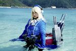  1girl airplane asian atago_(kantai_collection) atago_(kantai_collection)_(cosplay) battleship blonde_hair cannon chouzuki_maryou cosplay gloves gun kantai_collection military military_uniform personification photo plump solo uniform warship weapon 