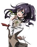  :d akuma_no_riddle blue_eyes blush flower long_hair necktie open_mouth ponytail purple_hair rino-ichigo school_uniform scissors skirt smile solo takechi_otoya vest white_background 