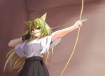  1girl aiming animal_ears archery arrow atalanta_(fate) bangs black_gloves black_hakama blonde_hair blush bow_(weapon) breasts cat_ears cat_girl closed_mouth commentary_request cowboy_shot eyebrows_visible_through_hair fate/apocrypha fate_(series) gloves gradient_hair green_eyes green_hair hakama hakuhou_(ende_der_welt) highres holding holding_weapon japanese_clothes kimono long_hair medium_breasts multicolored_hair outstretched_arm short_sleeves single_glove solo weapon white_kimono wide_sleeves 