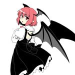 back_cutout bat_wings blush dress frilled_skirt frills head_wings isaki_(gomi) juliet_sleeves koakuma long_sleeves looking_at_viewer looking_back open_mouth pointy_ears puffy_sleeves red_hair short_hair simple_background skirt solo touhou white_background wings 