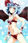  ascot bat_wings bikini blue_hair blush breasts brooch bubble collarbone e.o. hat hat_ribbon highres jewelry looking_at_viewer mob_cap navel red_bikini remilia_scarlet ribbon small_breasts smile solo swimsuit touhou wings wrist_cuffs yellow_eyes 