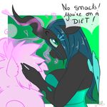  &lt;3 anthro anthrofied arnachy black_body blue_hair changeling dialog duo english_text equine female fluffle_puff friendship_is_magic fur green_eyes hair horse long_hair mammal my_little_pony open_mouth original_character pink_fur pony queen_chrysalis_(mlp) slit_pupils text 