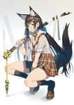  animal_ears bandages bell bell_collar breasts brown_hair cleavage collar grin hair_ornament hairclip katana long_hair medium_breasts necktie ogino_(oginogino) original school_uniform shirt shorts skirt smile solo squatting sword tail very_long_hair weapon wolf_ears wolf_tail yellow_eyes 