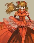  adapted_costume bad_id bad_pixiv_id bandage_over_one_eye bandages blue_eyes bodysuit brown_hair choker closed_mouth corset cross-laced_clothes crossed_legs dress evangelion:_3.0_you_can_(not)_redo eyepatch floating_hair frills grey_background hair_between_eyes highres insarability lace light_smile long_dress long_hair neon_genesis_evangelion pilot_suit pleated_dress plugsuit rebuild_of_evangelion red_dress red_ribbon ribbon shikinami_asuka_langley showgirl_skirt simple_background solo souryuu_asuka_langley standing tape turtleneck two_side_up 