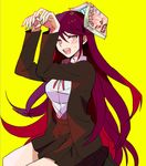  bad_id bad_pixiv_id bangs blush book book_on_head danganronpa danganronpa/zero long_hair object_on_head okuragon open_mouth otonashi_ryouko pink_eyes red_hair school_uniform smile solo sweat swept_bangs very_long_hair 