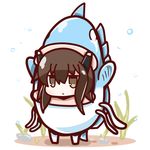  :&lt; air_bubble alternate_costume brown_eyes brown_hair bubble chibi fish_costume highres jitome kantai_collection nuu_(nu-nyu) short_hair simple_background solo submerged sunfish taihou_(kantai_collection) underwater white_background 