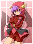  breast_hold breasts dress gloves hood hoodie horned_headwear kagari_(pokemon) konpeto lavender_hair looking_at_viewer pokemon pokemon_(game) pokemon_oras purple_eyes ribbed_sweater short_dress short_hair skirt skirt_set solo sweater team_magma uniform 