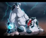  anthro armor bear big_hands claws cloud energy equipment erection fur gear gem grin helmet league_of_legends looking_at_viewer male mammal masturbation muscles paws penis polar_bear sitting sollyz solo thunder volibear 