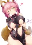  1girl animal_ear_fluff animal_ears bangs bare_shoulders black_dress black_gloves blush breasts china_dress chinese_clothes cleavage closed_mouth dress eyebrows_visible_through_hair fan fate/grand_order fate_(series) folding_fan fox_ears fox_tail gloves hair_between_eyes hair_ribbon heart highres koyanskaya large_breasts looking_at_viewer navel one_eye_closed pink_hair pink_ribbon revision ribbon side_slit simple_background smile solo subaru_(794829485) tail tamamo_(assassin)_(fate) tamamo_(fate)_(all) tamamo_no_mae_(fate) upper_body white_background yellow_eyes 