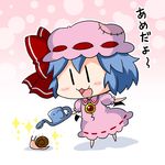 :3 bat_wings blue_hair blush bow brooch chibi commentary detached_wings fang gradient gradient_background hat hat_bow holding jewelry mob_cap noai_nioshi open_mouth patch remilia_scarlet ribbon short_hair smile snail solo sparkle touhou translated watering_can wings |_| 