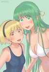  2girls bikini blonde_hair blush breasts cleavage dated fang green_background green_eyes green_hair hairband half_updo happy higurashi_no_naku_koro_ni houjou_satoko long_hair medium_breasts multiple_girls one-piece_swimsuit orange_eyes school_swimsuit short_hair small_breasts sonozaki_shion swimsuit zenkou 