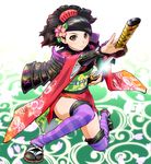  armor black_hair brown_eyes comb floral_print gauntlets japanese_armor japanese_clothes katana kimono kote momohime oboro_muramasa pose sheath short_kimono shoulder_armor sode solo striped striped_legwear sword thighhighs ueyama_michirou unsheathing weapon yukata 