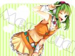  bent_over goggles green_eyes green_hair gumi headset one_eye_closed short_hair skirt solo tama_(songe) v vocaloid 