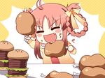  :d artist_request boned_meat braid chibi closed_eyes eating fang food hair_rings hamburger ichigo_(musumaker) meat musumaker open_mouth pink_hair smile solo 