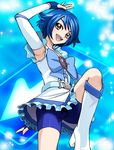  armpits belt bike_shorts blue_hair boots bow brown_eyes directional_arrow dress fingerless_gloves gloves haruyama_kazunori head_tilt high_heels jidoushazei_wo_osametai knee_boots leg_lift road_sign shoes short_hair sign smile solo sparkle steering_wheel upskirt 