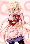  absurdres blonde_hair blush box green_eyes heart-shaped_box highres kagamigawa_chloe koshimizu_takayuki long_hair memories_off memories_off_6 pantyhose ribbon school_uniform solo twintails valentine 