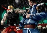  battle blonde_hair duel gloves glowing glowing_eye goenitz male_focus multicolored_hair multiple_boys munokojp muscle omega_rugal one-eyed rugal_bernstein skull the_king_of_fighters two-tone_hair uniform 