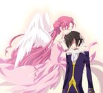  1girl angel angel_wings bad_id bad_pixiv_id black_hair chin_rest closed_eyes code_geass comforting euphemia_li_britannia hand_on_another's_head head_rest hug kiri_futoshi lelouch_lamperouge long_hair no_eyes pink_hair spoilers tears very_long_hair wings 