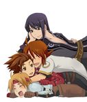  armor bad_id bad_pixiv_id blonde_hair brown_eyes brown_hair chan_mage cless_alvein crossover headband lloyd_irving luke_fon_fabre male_focus multiple_boys red_hair red_shirt shirt smile tales_of_(series) tales_of_phantasia tales_of_symphonia tales_of_the_abyss tales_of_vesperia yuri_lowell 