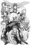  6+girls angel_(kof) bangs bare_shoulders beard blunt_bangs breasts cape cleavage clenched_teeth coelacanth_(gyotaku) dress everyone facial_hair foxy_(kof) gloves greyscale k' k9999 krizalid kula_diamond kusanagi_(clone) large_breasts lin_(kof) looking_at_viewer maxima may_lee medium_breasts monochrome multiple_boys multiple_girls parted_lips ramon_(kof) seth_(kof) short_hair simple_background sketch teeth the_king_of_fighters upper_body vanessa_(king_of_fighters) whip_(kof) white_background wrinkles 