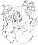  .hack//tasogare_no_udewa_densetsu 1girl ? blush cheese chibi food gift greyscale hat mireille_(.hack//) monochrome one_eye_closed pointing sango_(53box) smile stuffed_toy 