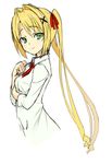  blonde_hair gin_(ginshari) green_eyes hair_ornament hair_ribbon hairclip hand_on_own_chest looking_at_viewer necktie original ribbon shirt simple_background smile solo standing twintails 