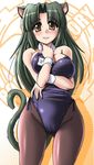  animal_ears blush breast_squeeze breasts brown_eyes cat_ears cat_tail collar green_hair kittysuit large_breasts milk_(tonpuu) original pantyhose solo tail tonpuu wrist_cuffs 