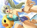  ball beachball blue_eyes dragging dutch_angle game_cg green_hair long_hair mizusawa_kiriko non-web_source one-piece_swimsuit ponytail presence solo_focus splashing swimsuit takapiko watch water wristwatch 