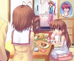  3girls antenna_hair barefoot brown_eyes brown_hair clannad eating furukawa_akio furukawa_nagisa furukawa_sanae garbage_doll girl_from_the_illusionary_world hikarizaka_private_high_school_uniform long_hair multiple_boys multiple_girls not_present oekaki okazaki_tomoya pillow ribbon school_uniform seiza short_hair sitting table time_paradox zen 