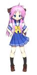 bad_id bad_pixiv_id blue_eyes blush bow full_body hair_bow hands_on_hips hiiragi_kagami kneehighs long_hair lucky_star pink_hair purple_hair rondo_bell ryouou_school_uniform school_uniform serafuku shoes simple_background smile socks solo standing twintails watch wristband wristwatch yellow_neckwear 