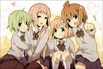  blush brown_hair green_hair happy heart hug kl kl-chan long_hair massugu_go mono_(character) multiple_girls original pantyhose pink_hair punchiki_(character) school_uniform short_hair skirt squatting sweater thighhighs tooi-chan v 