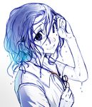  bad_id bad_pixiv_id blue blue_hair eyewear_removed glasses hands holding holding_eyewear kawazu messy_hair monochrome original red-framed_eyewear smile solo spot_color tears wet 