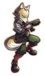  fox_mccloud furry gloves green_eyes gun head_mounted_display homa_kura male_focus smile solo star_fox tail weapon 