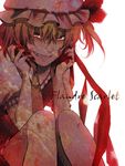  490 blonde_hair blood character_name flandre_scarlet grin hat red_eyes short_hair smile solo touhou wings 