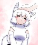  :&lt; animal_ears bad_id bad_pixiv_id blush breasts closed_eyes detached_sleeves hands heart inubashiri_momiji large_breasts out_of_frame petting solo_focus tail tonbi touhou translated white_hair wolf_ears wolf_tail 