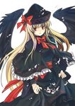  bad_id bad_pixiv_id black_wings blonde_hair capelet hat light_smile lily_black lily_white long_hair petals red_eyes skirt_basket solo szuinyo touhou wings 