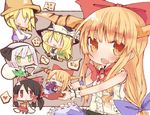  :&lt; :d =_= annoyed black_hair blonde_hair blush bow broom broom_riding chibi detached_sleeves drinking dual_persona gourd green_eyes hair_bow hair_ribbon hakurei_reimu hat heart highres hitodama horns ibuki_suika katana kirisame_marisa konpaku_youmu konpaku_youmu_(ghost) long_hair looking_at_viewer minigirl moriya_suwako multiple_girls myon_(phrase) open_mouth orange_eyes orange_hair pink_hair red_eyes ribbon rowtan short_hair silver_hair simple_background smile spoken_heart sword touhou weapon wrist_cuffs yellow_eyes ze_(phrase) ||_|| 