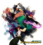  3girls angel_(kof) blue_hair chaps chinese_clothes closed_eyes fire gloves hair_over_one_eye k' kula_diamond multiple_boys multiple_girls psycho_soldier red_hair rejean_dubois sie_kensou snk the_king_of_fighters vanessa_(king_of_fighters) white_hair yagami_iori 