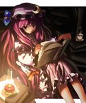  book cup katahira_masashi lamp long_hair patchouli_knowledge purple_eyes purple_hair reading serious solo touhou 