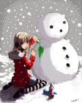  bad_id bad_pixiv_id blush brown_hair eating face kneeling long_hair looking_back nobusnow original pantyhose snow snowman solo striped striped_legwear 
