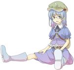  alternate_hairstyle backpack bag bespectacled blue_hair boots glasses hair_bobbles hair_ornament hat kawashiro_nitori sitting solo touhou two_side_up urin 