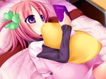  bed child diary hair_ornament hairclip pillow pink_hair pregnant purple_eyes reading solo twintails 