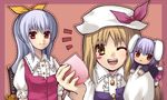  bad_id bad_pixiv_id blonde_hair blue_hair food fruit hat holding holding_food holding_fruit jing_hu long_hair multiple_girls peach reisen ribbon touhou watatsuki_no_toyohime watatsuki_no_yorihime 