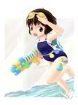  barefoot bottle brown_eyes brown_hair child dutch_angle goggles highres ironiso one-piece_swimsuit original running salute short_hair solo swimsuit wading water water_balloon water_bottle water_gun 