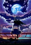  cloud copyright_request galibo long_hair moon planet school_uniform sitting skirt sky solo sunset wind 