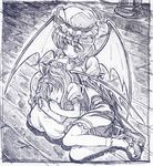  bat_wings flandre_scarlet graphite_(medium) hat lap_pillow monochrome multiple_girls one_side_up ponytail purple remilia_scarlet sakino_shingetsu short_hair siblings sisters sketch sleeping the_iron_of_yin_and_yang touhou traditional_media wings 