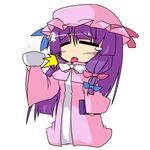  book bow chibi commentary drink hair_ribbon hat patchouli_knowledge pink_bow purple_hair ribbon solo tears tongue touhou tsuboraa 